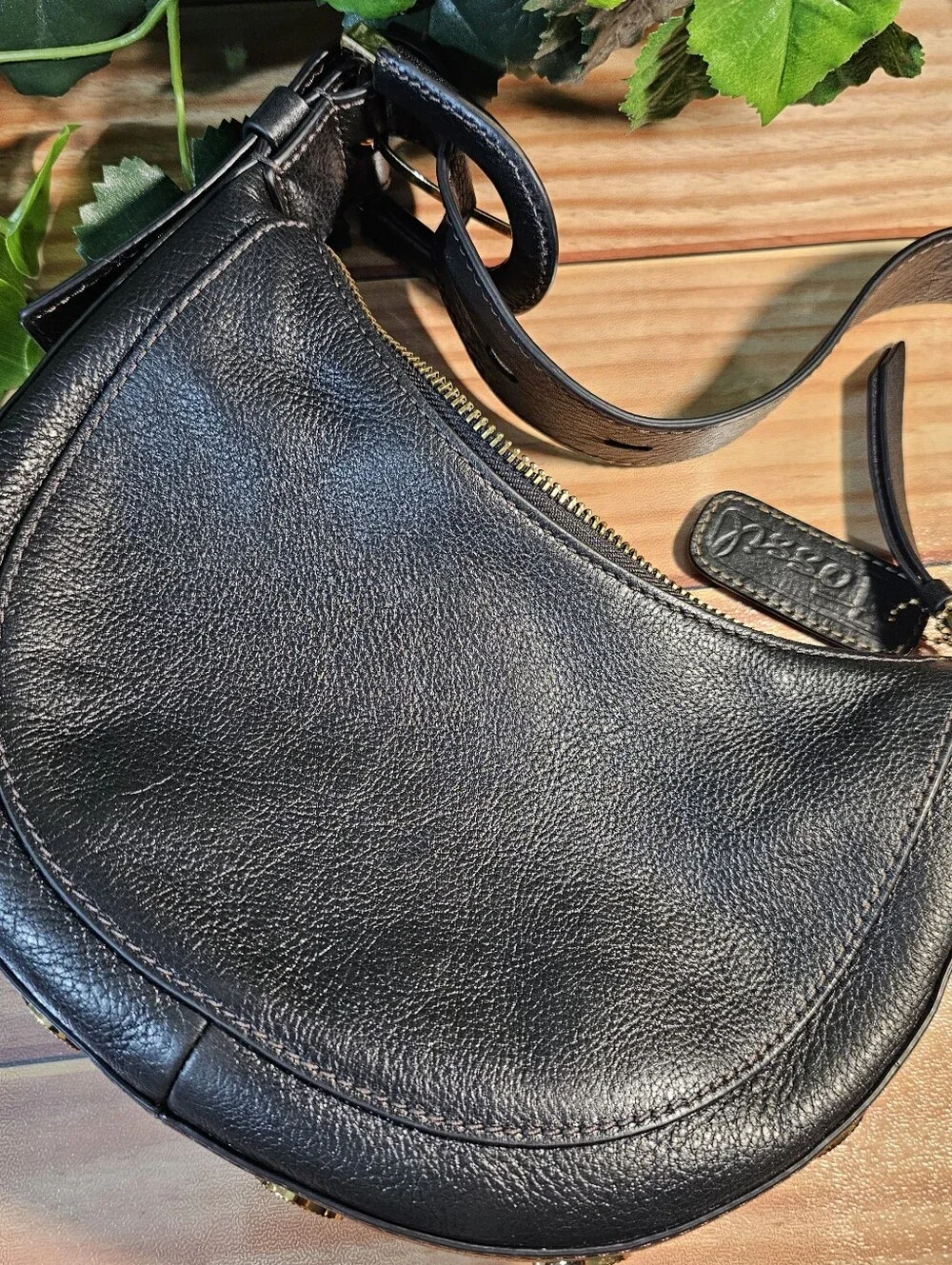 Rare Fossil Black Cowhide Leather Crescent Shoulder Bag Brass Hardware